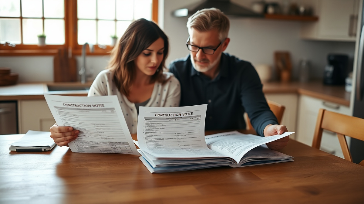 Homeowner reviewing and comparing multiple printed spray foam insulation contractor quotes