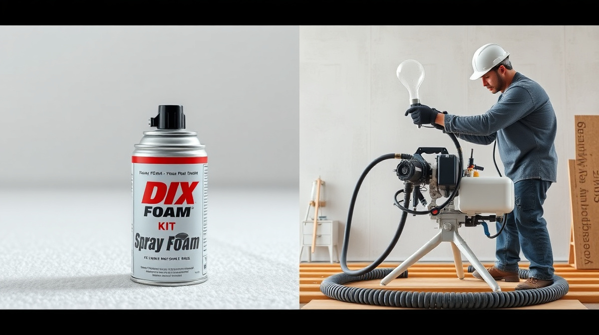 Comparison of a small DIY spray foam kit next to a professional spray foam rig