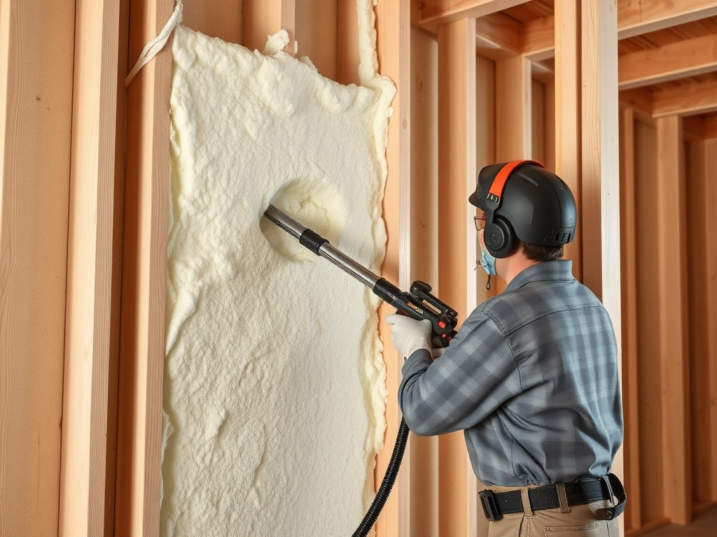 Technician applying dense closed-cell spray foam to a wall stud cavity