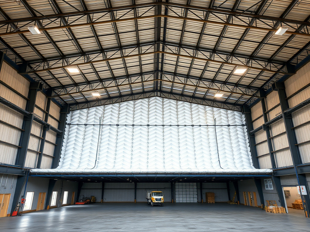Commercial building interior with spray foam insulation applied to the roof deck