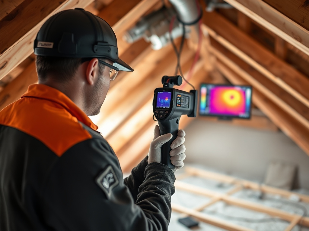 Technician conducting a home energy audit with a thermal imaging camera