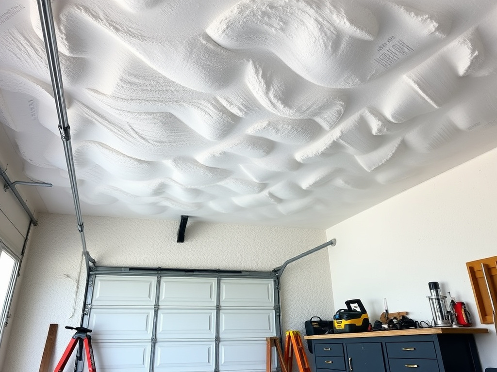 Spray foam insulation applied to a garage ceiling and wall