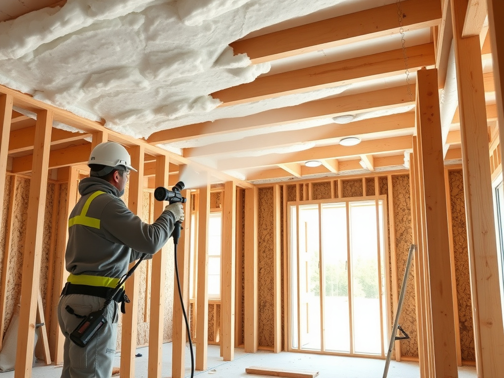 Spray foam insulation being applied inside a new-construction home during framing