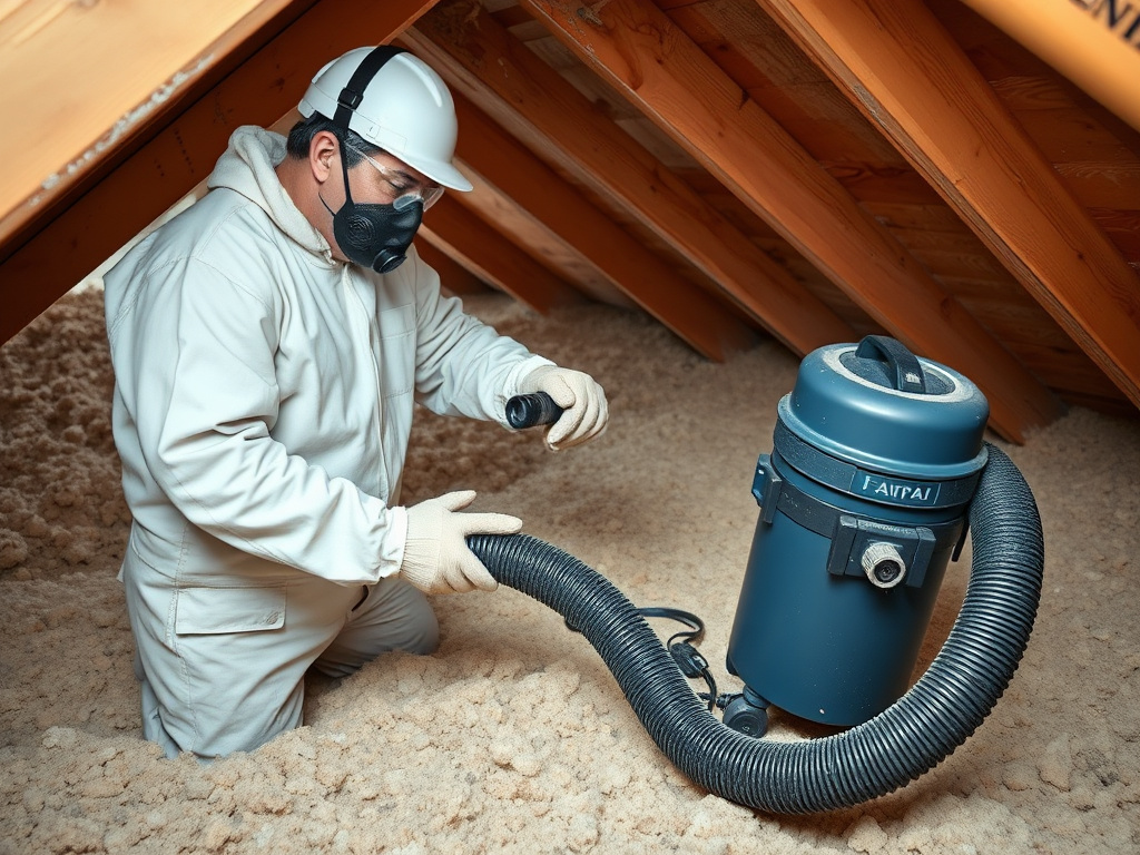 Technician removing old degraded insulation from an attic space